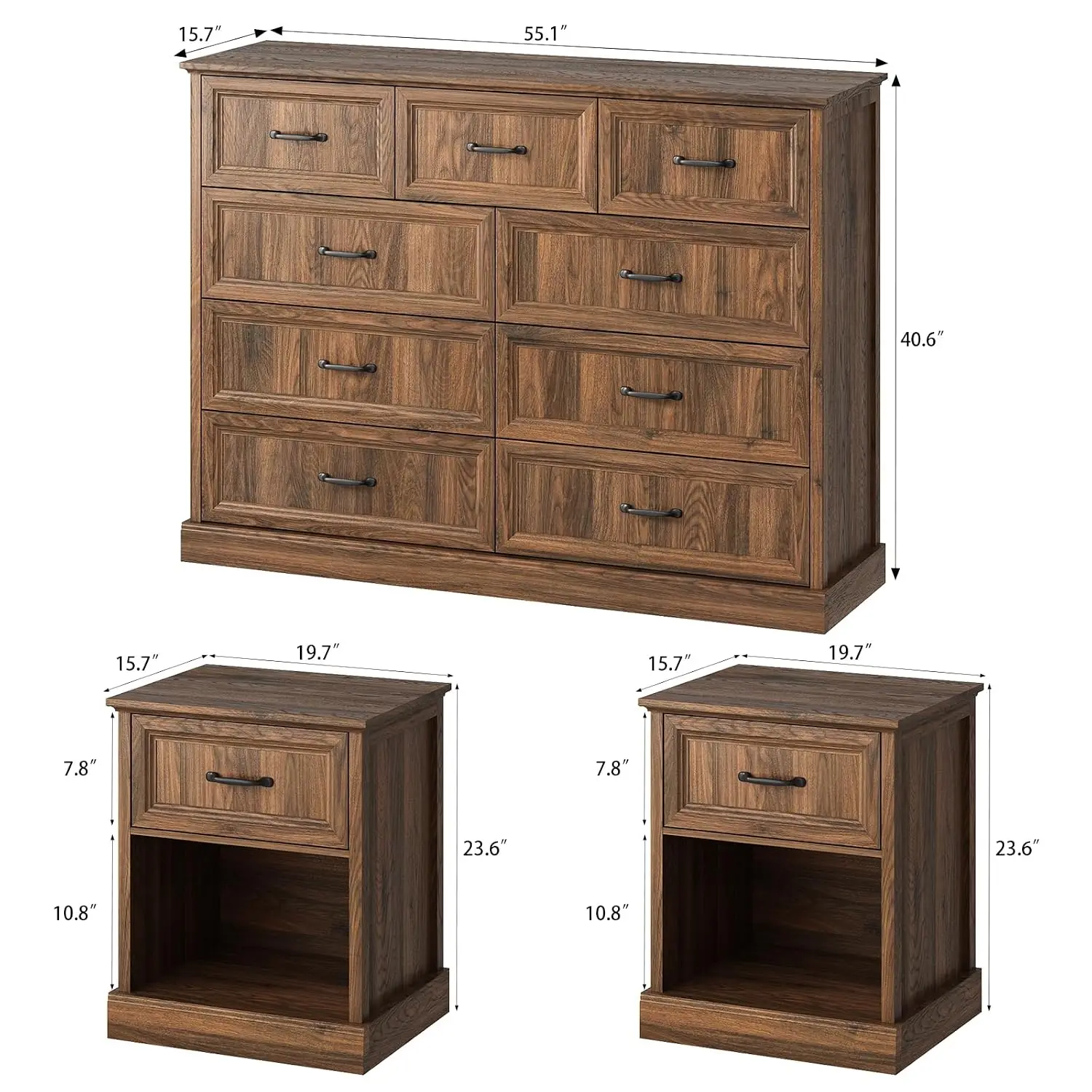 Farmhouse 3 Pcs Bedroom & Nightstand Set 9 Drawer Wood Chest For Bedroom Living Room Entryway Brown, Customized