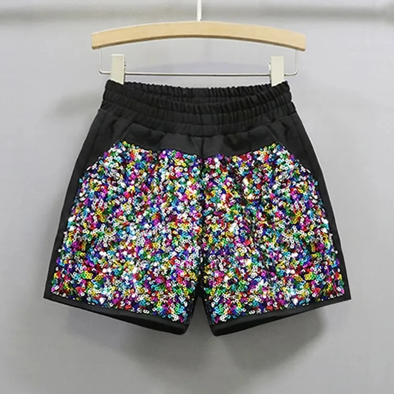 2025 Primavera/Estate Nuovi pantaloncini elastici in vita moda scintillante Discoteca socialite Pantaloni caldi in tre parti Tendenza donna