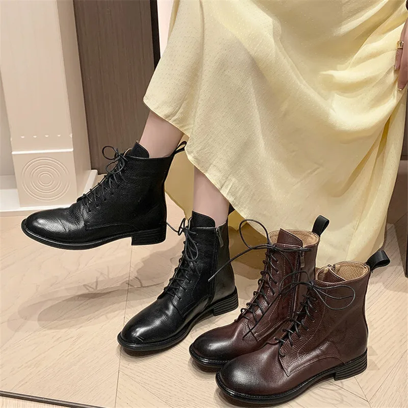 2023 New Autumn/winter Women Boot Round Toe Chunky Heel Fashion Genuine Leather Short Boots for Women Handmade Retro Low Heels