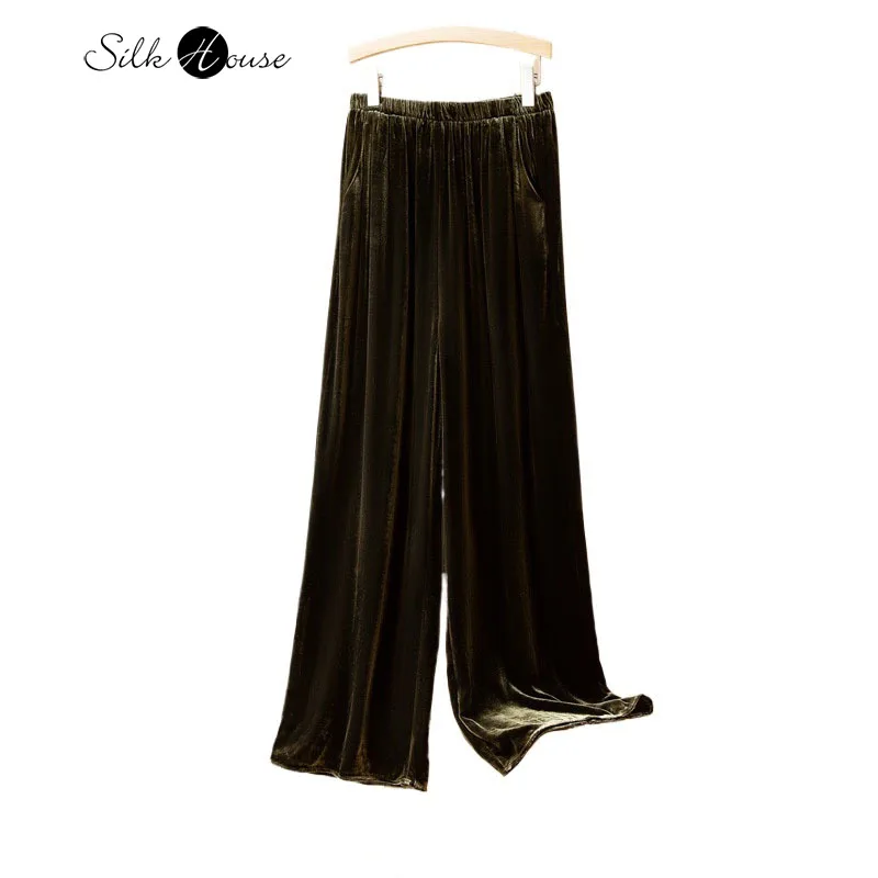 2024 Women's Fashion Early Autumn New 30% Natural Mulberry Silk Velvet Retro High Waist Loose Versatile Straight Leg Pants