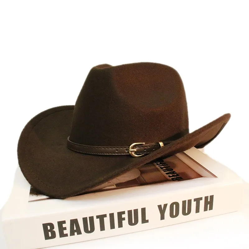 

Warm casual all-match coffee belt boys and girls woolen cowboy hat sunshade with large brim