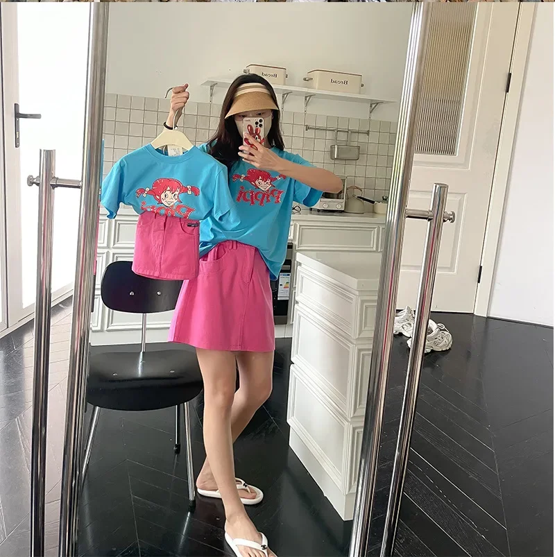 Children Casual Loose Parent Child Clothing 2024 Summer Korean Mother Daughter Cartoon Printed Cotton T Shirt and Skirt Suit