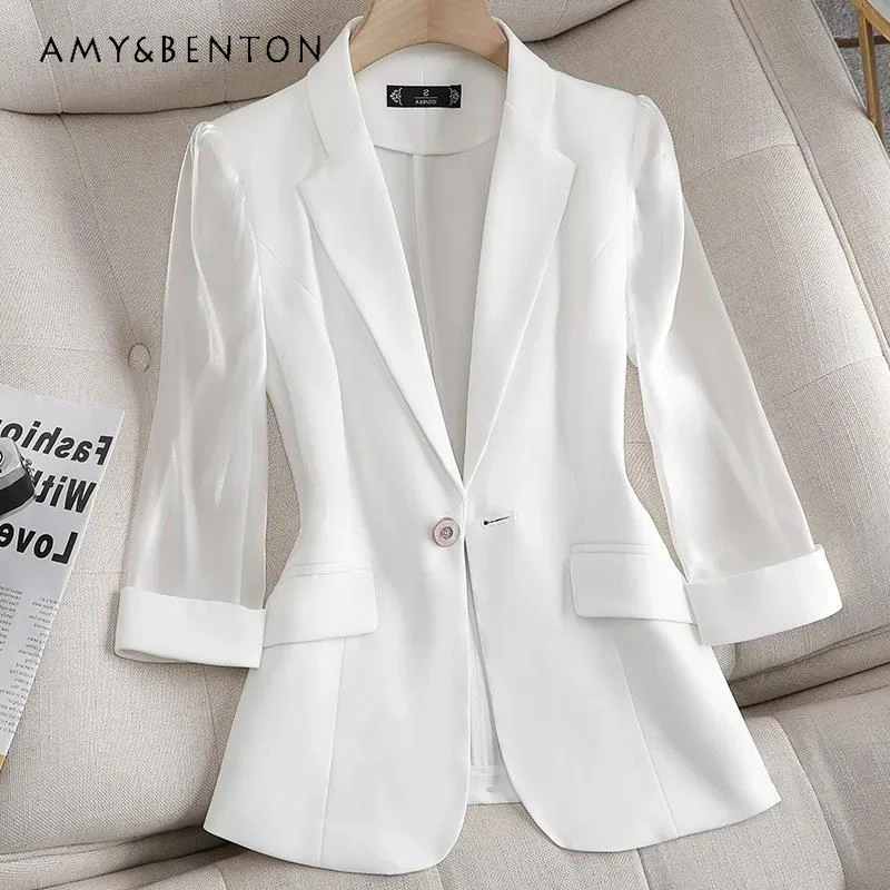 Office Lady Pink Three-Quarter Sleeve Thin Suit Jackets for Women 2024 Summer New Casual Fashion Temperament Professional Jacket