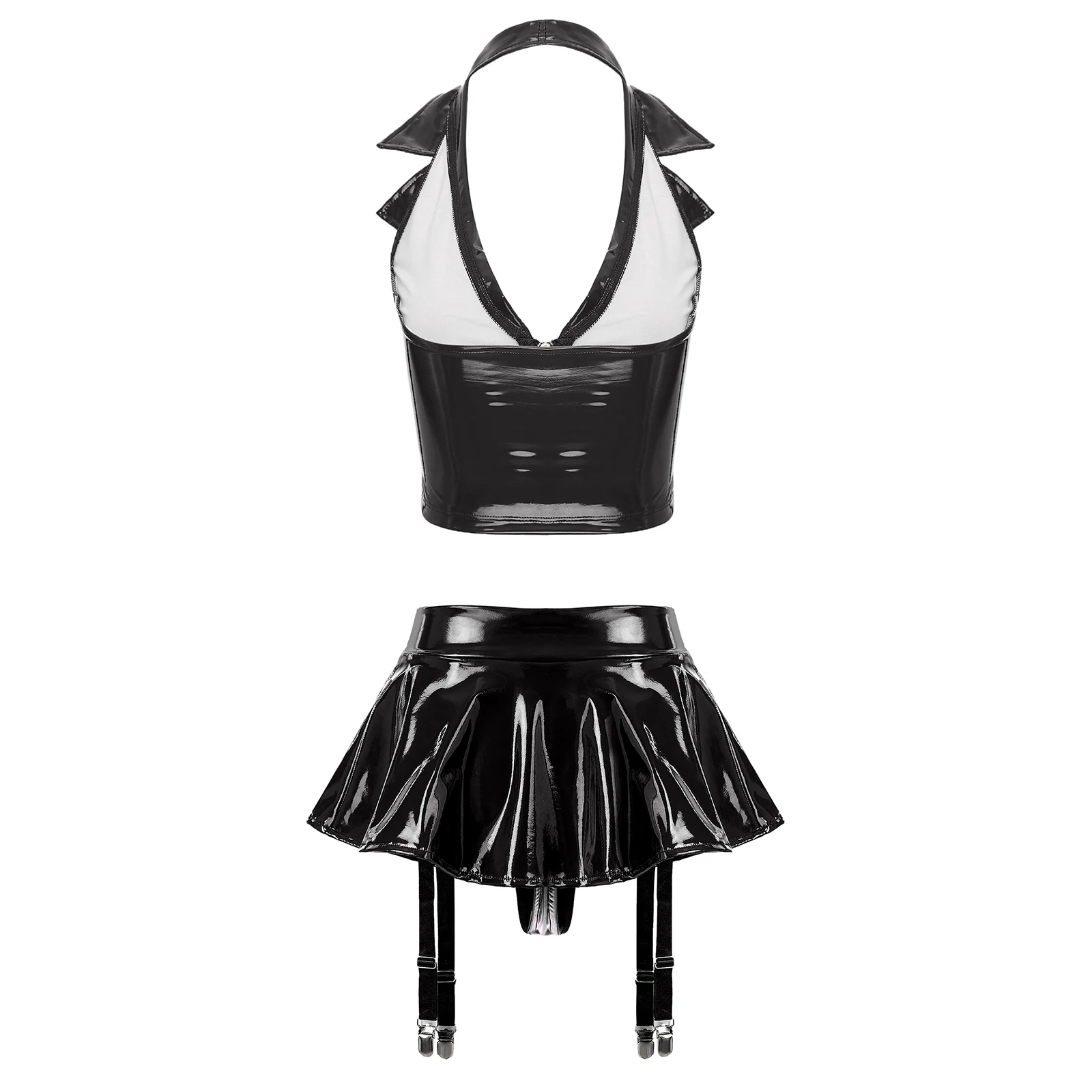 Womens Wet Look Patent Leather Halter Vest with Miniskirt Built-in Thongs Garter Clips Party Pole Dance Sexy Lingerie Clubwear