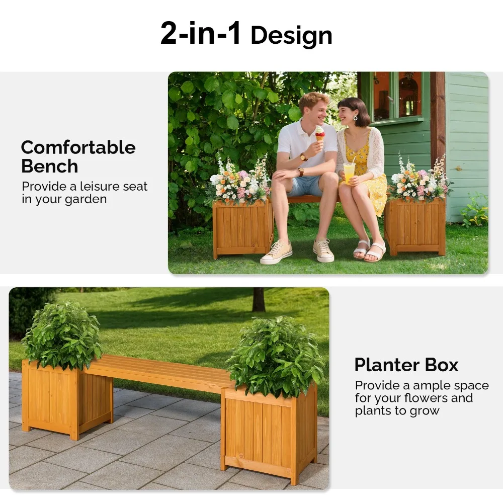 2-in-1 Wood Bench Box with Raised Bed Planter Boxes Open-Ended Base for Outdoor