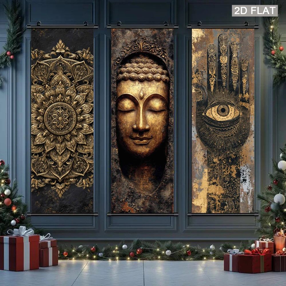 VIKAMA Gilded Buddha Mandala Dharma Eye Scroll Tapestry Zen Inspired Wall Hanging for Bedroom Home Decor Aesthetic Wall Art Soft
