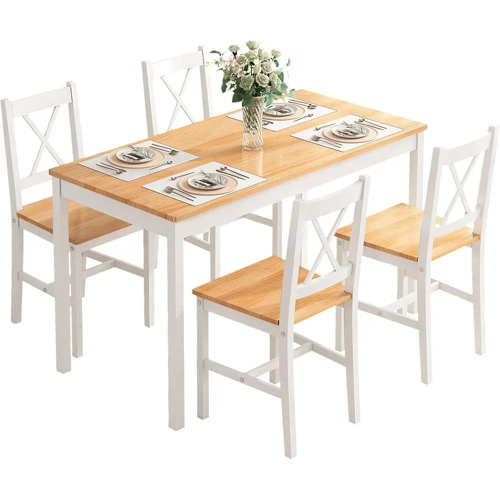 

5-Piece White & Teak Dining Table Set with 4 Chairs for Kitchen or Dining Room