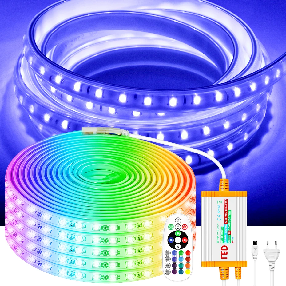 Super jasne 220V EU lampka Led RGB 4Pin 5050 elastyczna taśma IP68 wodoodporna 1m-100M 60LEDs/M z pilotem 1500W