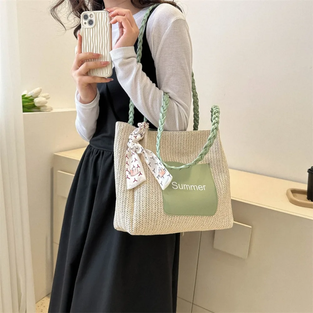 Trendy Straw Woven Scarves Tote Bag Casual Shoulder Bag Beach Bag Daily Commuting Bag Underarm Bag Large Capacity Handbag