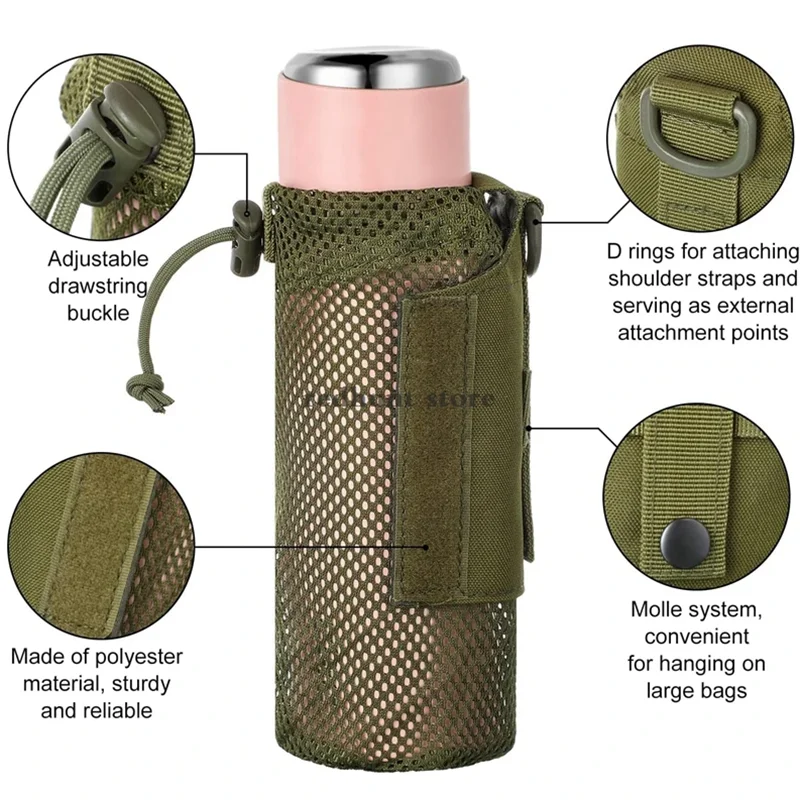Water Bottle Pouch with Molle Straps Belt Clip Carabiner Foldable Mesh Holder Bag for Travel Fishing Hunting Hiking