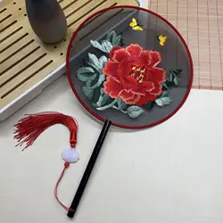Red Flower Silk Fan Double Sided Embroidery Round Fan Chinese Palace Hanfu Hand Fan Craft Wedding Gift For Guests Home Decor