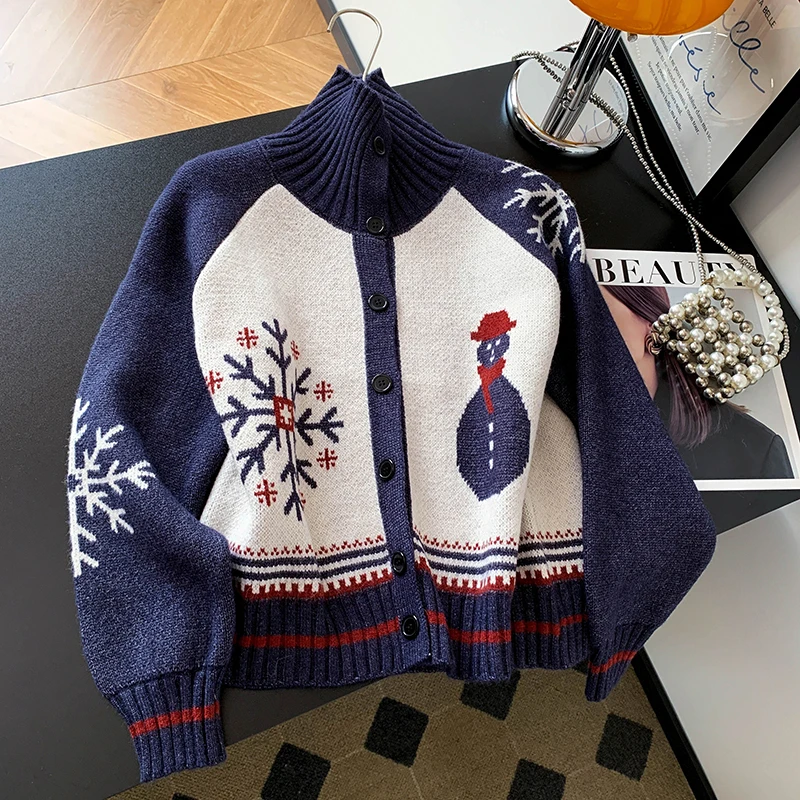

Autumn Winter Warm Knitting Print Cardigan 2025 Women Long Sleeve Zipper Design American Retro Casual Sweater Short Pullover