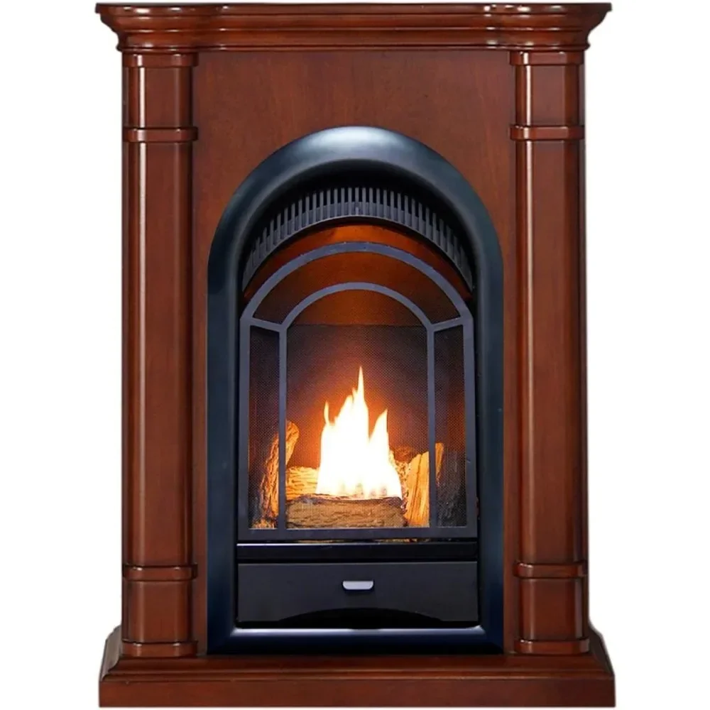 Dual Fuel Ventless Gas Fireplace System with Mantle, Thermostat Control, 4 Fire Logs, Use with Natural Gas or Liquid Propane