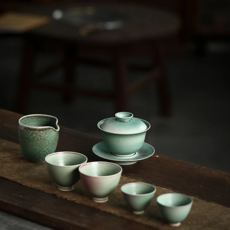 ★Jingdezhen Hand-Drawn Blank Matte Soda Green Soda Gracked Glaze High Temperature Glaze Kiln Gaiwan Tea Brewing Bowl Tightness