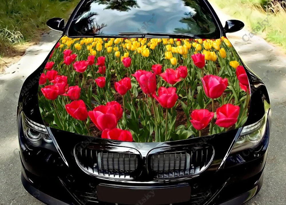 Tulip Floral Pattern Car Hood Wrap Color Vinyl Sticker Decal Truck Graphic Bonnet Decal Custom Auto Body Decoration Stickers