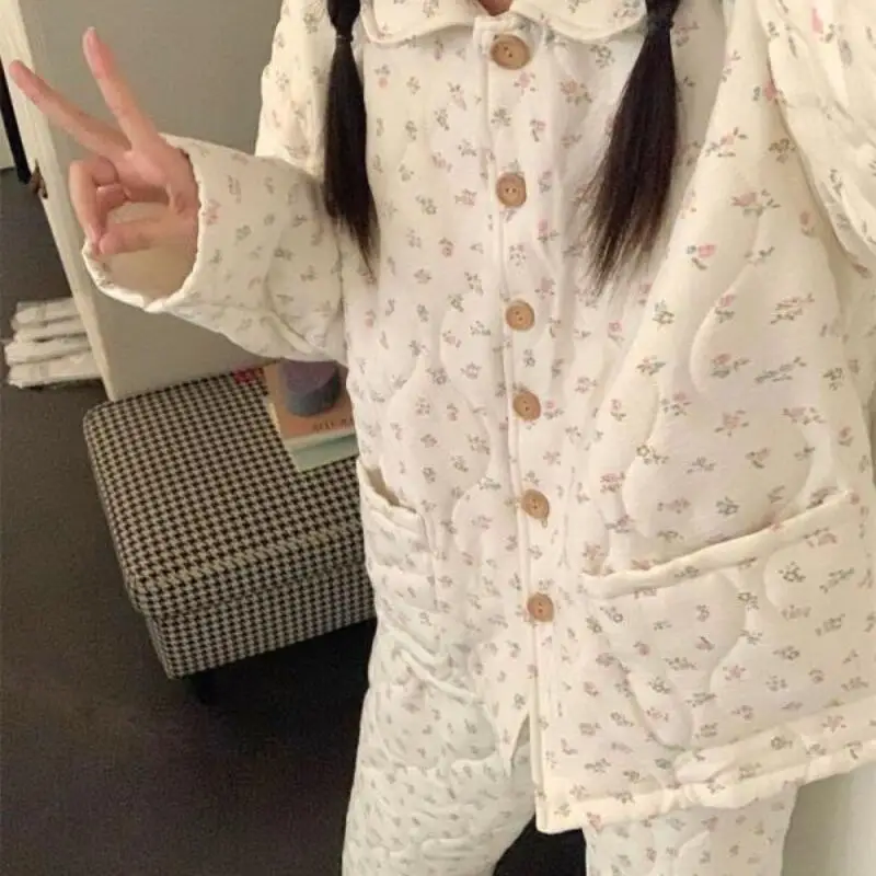 طقم بيجامة ملابس نسائية ملابس منزلية بأكمام طويلة طقم مكون من قطعتين للخريف والشتاء موضة سميكة ومريحة حلوة #3