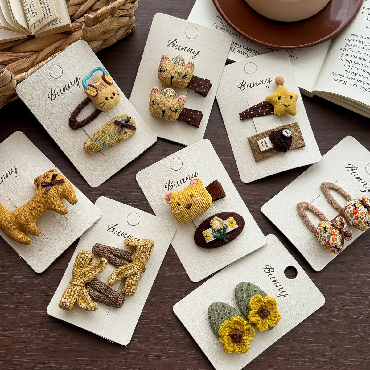 Hair Clips Autumn Yellow Brown Cat Bow Pattern Premium Handmade Soft Material Girls Hair Accessories No Hurt Hair for Side