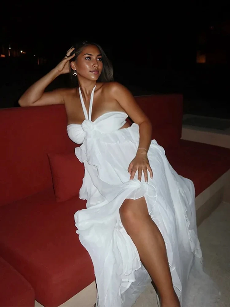 بوتيك الأبيض كشكش فستان الأمومة التقطت الصور الرسن الرقبة انقطاع ماكسي ثوب أنيق الحمل الزي ملابس استحمام الطفل #5