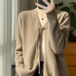 Autumn and winter new 100% pure wool women's V-neck cardigan national wind coat temperament knitted sweater coat.