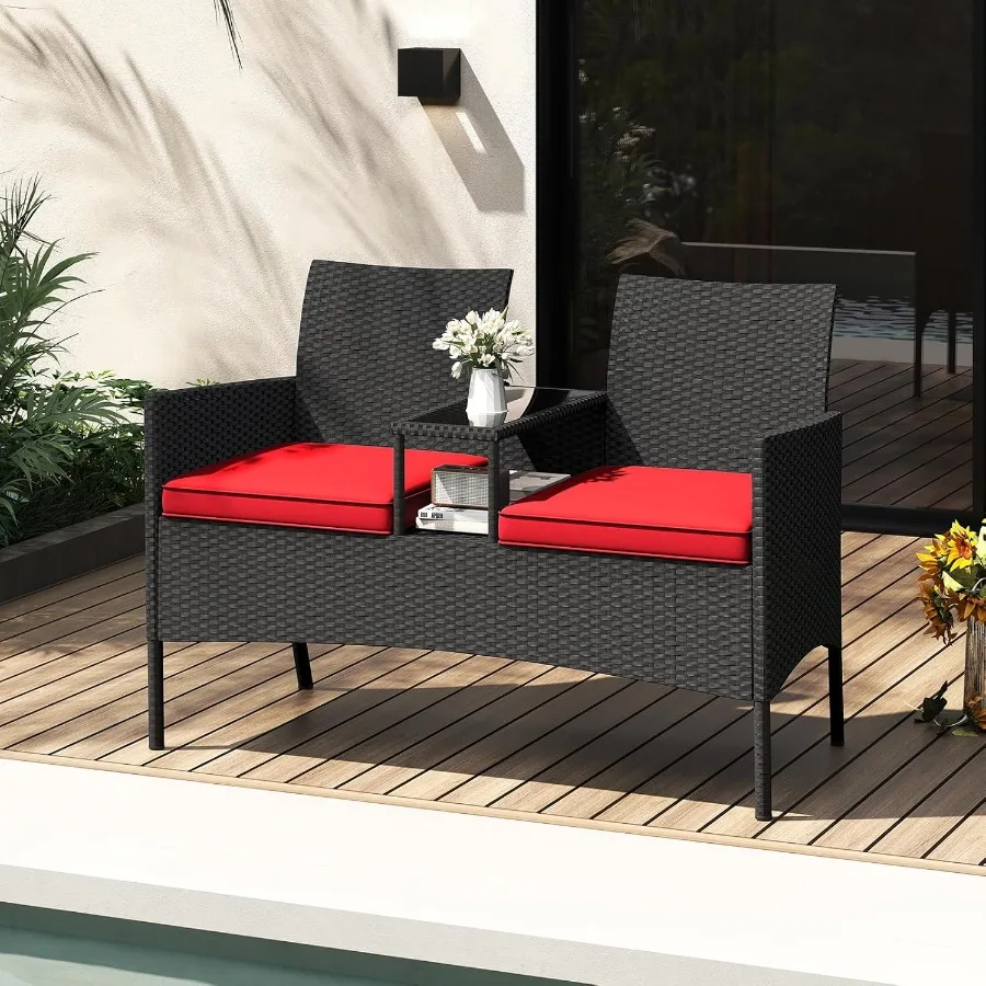 Tangkula Patio Loveseat met ingebouwde tafel Rieten 2-zitsmeubilair met zachte kussens Gehard glazen tafelblad Metalen frame Outdoo