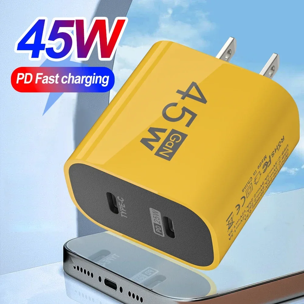 45W Dual Type C Phone Charger PD 25W USB C Fast Charging Power Adapter For iPhone Xiaomi Samsung Universal Tablet Wall Charger