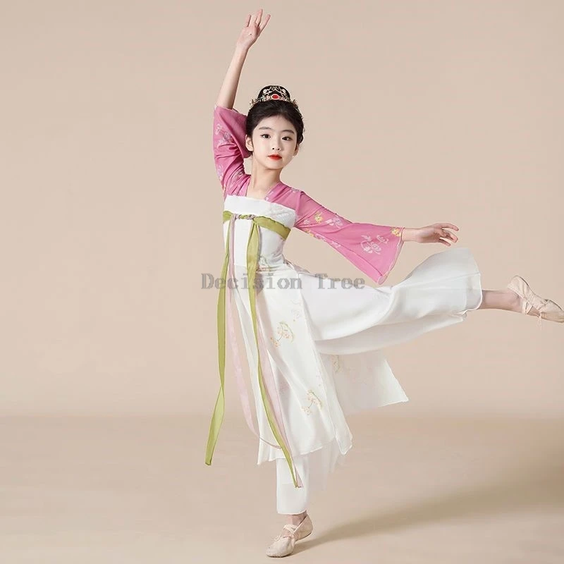 children's breathable top pants 2-piece kids' classical dance practice costume costume chinese fan dance performance costume