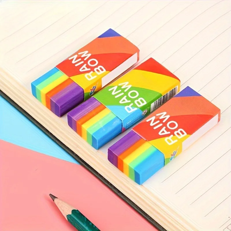 10pcs Multilayer Vibrant Striped Rainbow Rectangular Eraser Soft Residue Free Rubber For Art Sketch Office Stationery