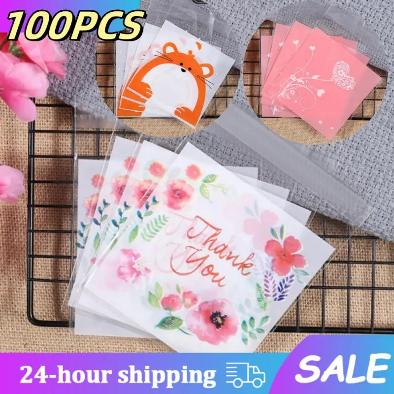 100pcs THANK YOU Self-adhesive Bag Colourful Flowers Plastic Pouches for DIY Jewelry Display Cookies Storage Gifts Bag Wholesale