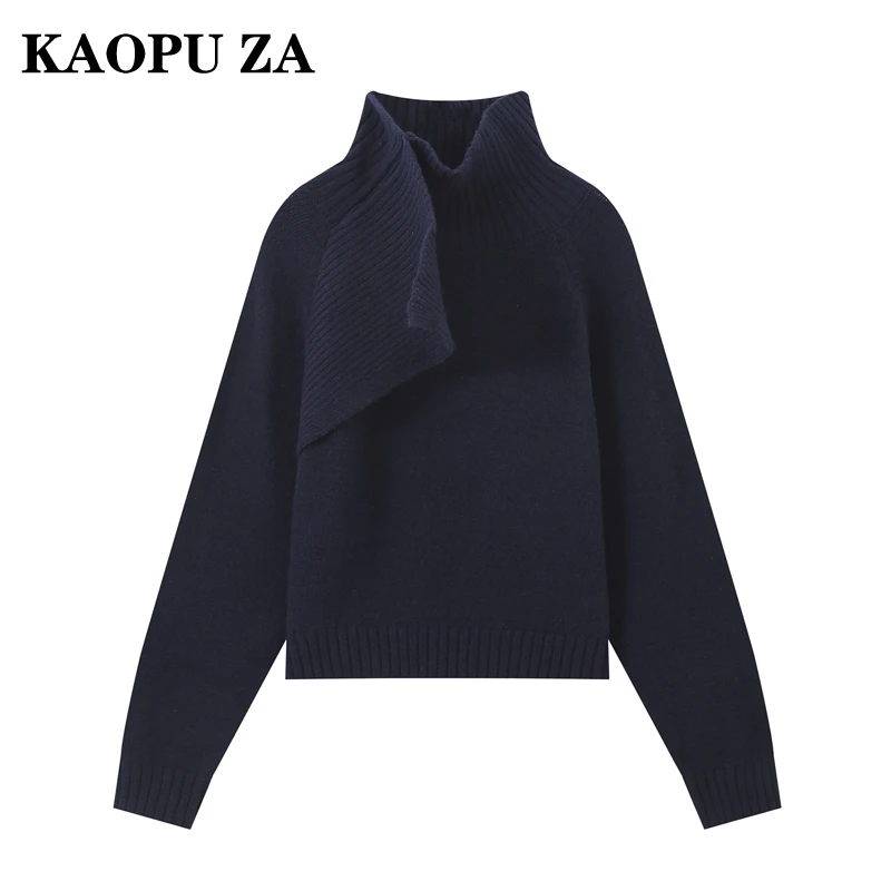 KAOPU ZA 2024 Winter Ladylike Vintage Stand Collar Knit Jumper Top Casual Autumn Lady Long Sleeve Sweater Regular Fit Pullover