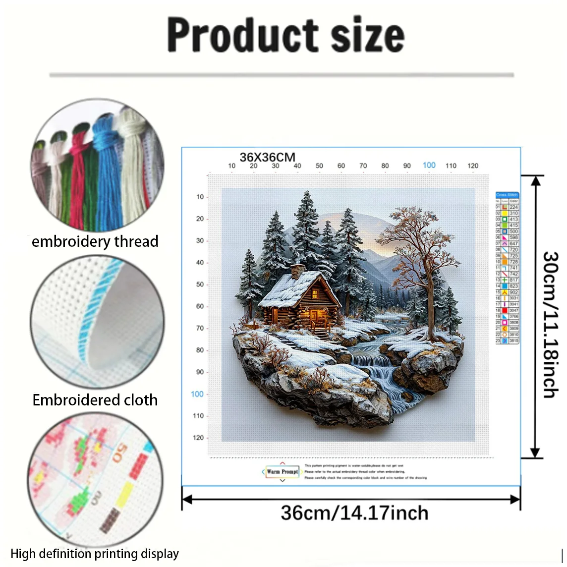 Snowy Stream Cottage Cross Stitch Kit DIY 11CT Embroidery Home Wall Decor Gift Handmade Material Frameless Semi-Finished 36×36cm - view 2