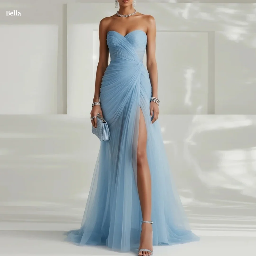 Bella Customized Sky Blue Sweetheart Neck Prom Dress Pleated Tulle High Slit robes de soirée Elegant Party Dresses For Women