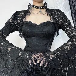 여성용 클래식 레이스 커버업, 메시 크롭탑, 섹시한 시스루 플레어 슬리브 블라우스, Y2k 블랙 레이브 의상 축제