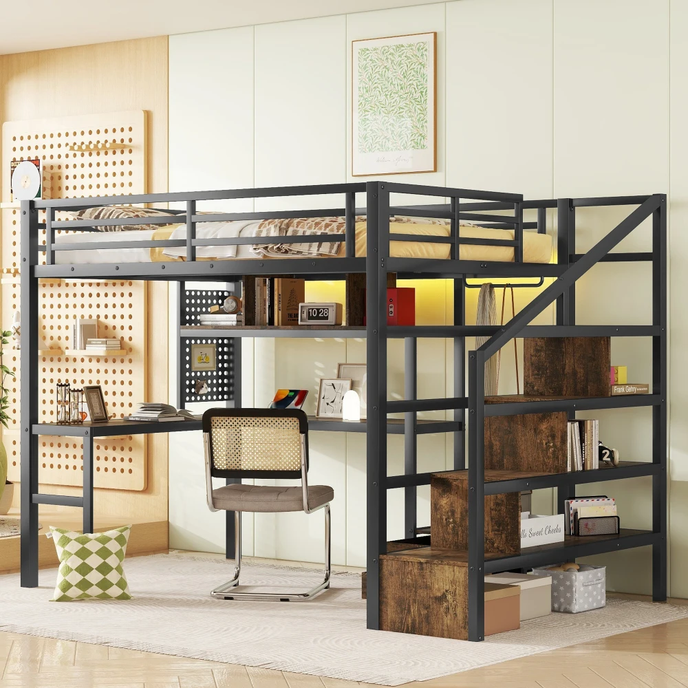 

Полноразмерная металлическая кровать-чердак: светодиодная подсветка, зарядная станция, стол, лестница и шкаф для детей - черная (2025/4/30)