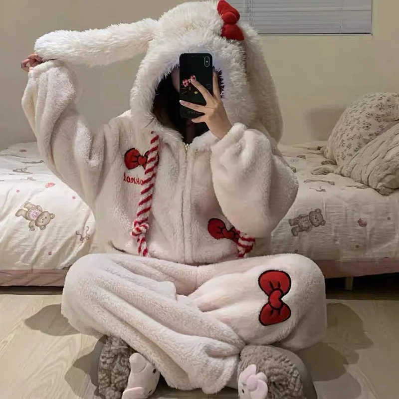 Women Cute Rabbit Onesie Coral Fleece Pajamas, Winter Thick Fleece Lined Bow Loungewear, Fluffy Bathrobe Nightwear