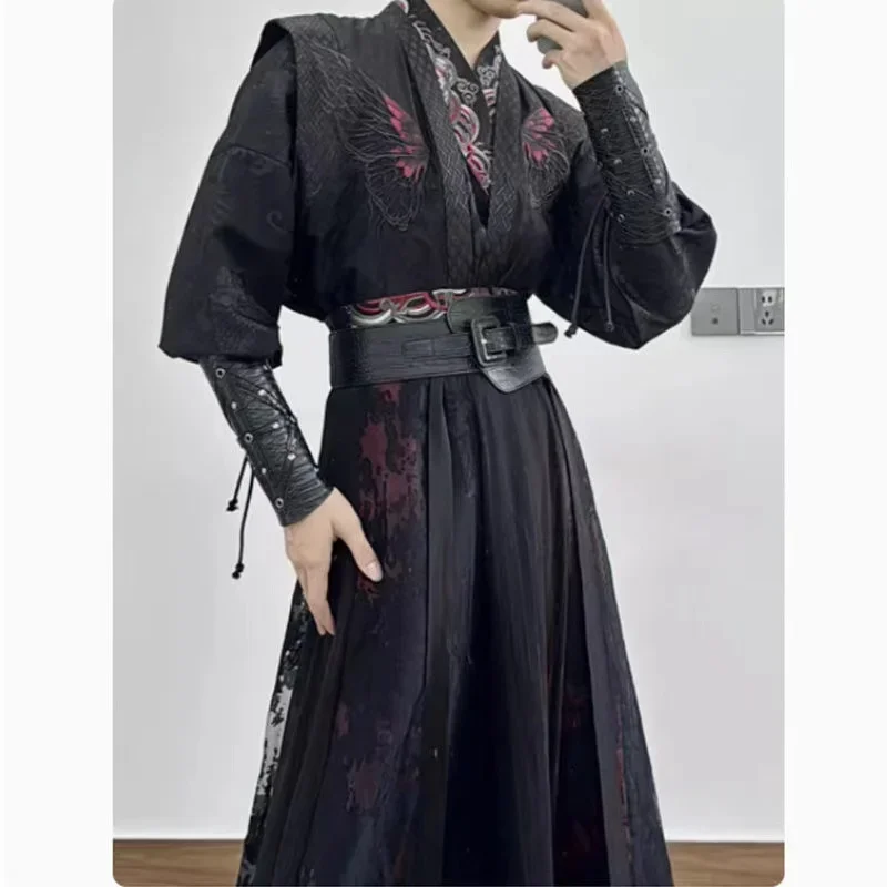 

Tang Dynasty Men's Stylish Cross Collar Beizi Skirt Clothing Night Swordsman Cosplay Original Traditional Dark Embroidery Hanfu