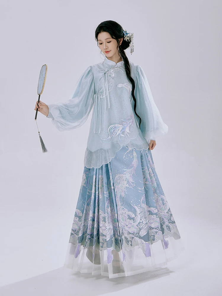 

Синий комплект юбок-ханьфу Qingpo Lingyu для женщин, в стиле династии Мин, новый китайский повседневный комплект с юбкой А-силуэта из полиэфирного волокна