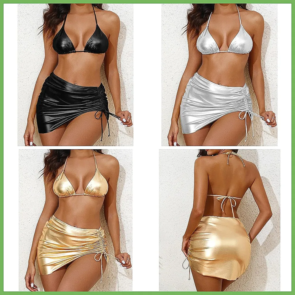 

Sexy 3-Piece Brazilian Bikini Set, High-Waisted PU Swimwear for Women, Beach Pool Bathing Suits