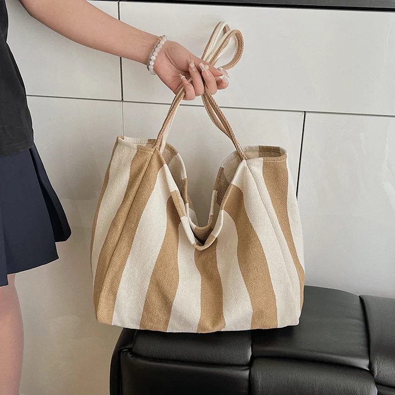 Sommerliche gestreifte Canvas-Tragetasche für Damen, lässig, große Kapazität, einfache Umhängetaschen, Einkaufshandtasche, tägliche Tragetasche – Detail 9