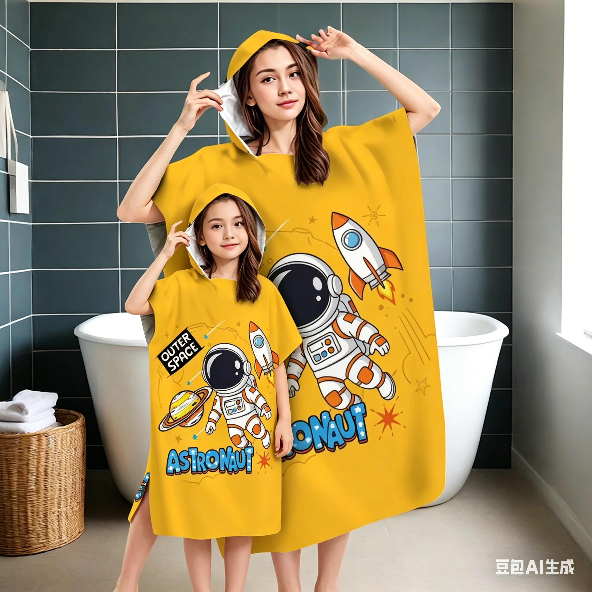 Yellow Astronaut Hooded Towel for Kids & Adults, Parent-Child Matching Beach Poncho, Quick Dry Microfiber Swim Cover Up for Pool