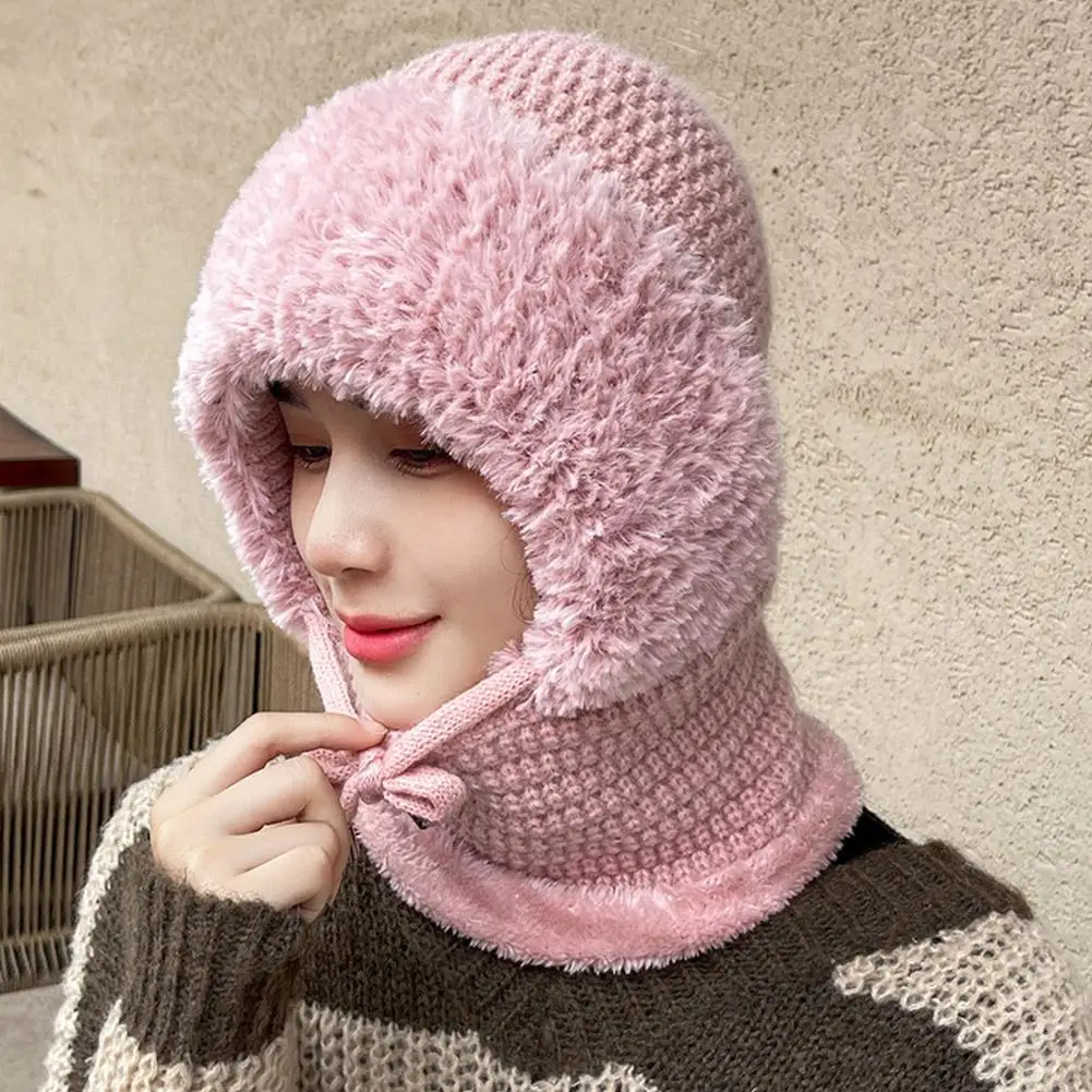 Women Winter Velvet Knitted Woolen Balaclava Hat Ear Protection fluffy Hat Mask Neck Integrated Warmth Cover Hat lady hooded cap