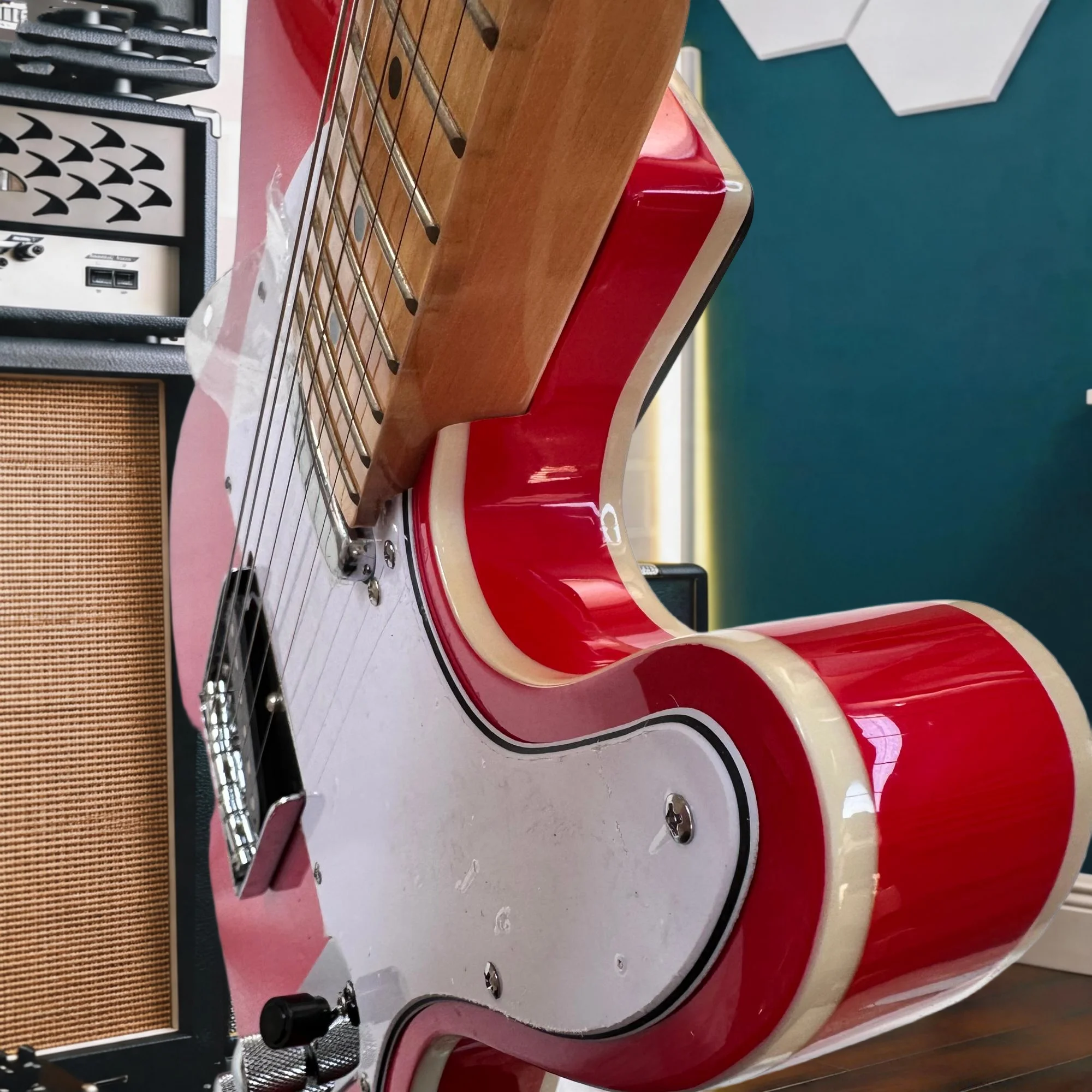 Red Double Binding Tele Style Electric Guitar, Maple Fretboard Vintage TL Solid Body Electric Guitar, Single Pickup Setup