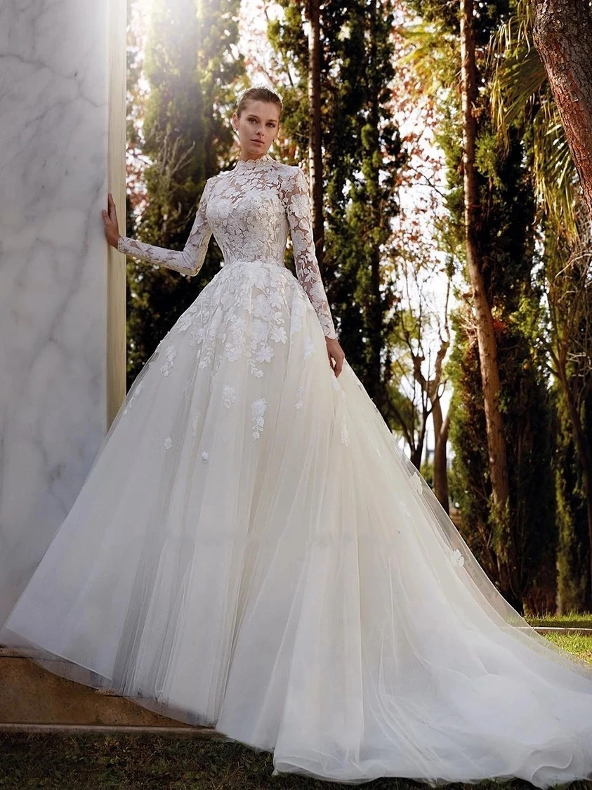 

Gorgeous A-Line Wedding Dresses High-Neck Long Sleeves Lace Appliques Bridal Gowns 2024 Tulle Tiered Robes Vestidos De Novia