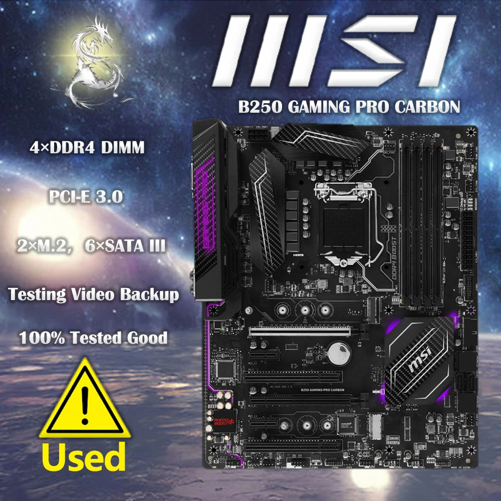 Used  MSI B250 GAMING PRO CARBON LGA 1151 B250 HDMI SATA 6Gb/s USB 3.1 ATX Intel Motherboard