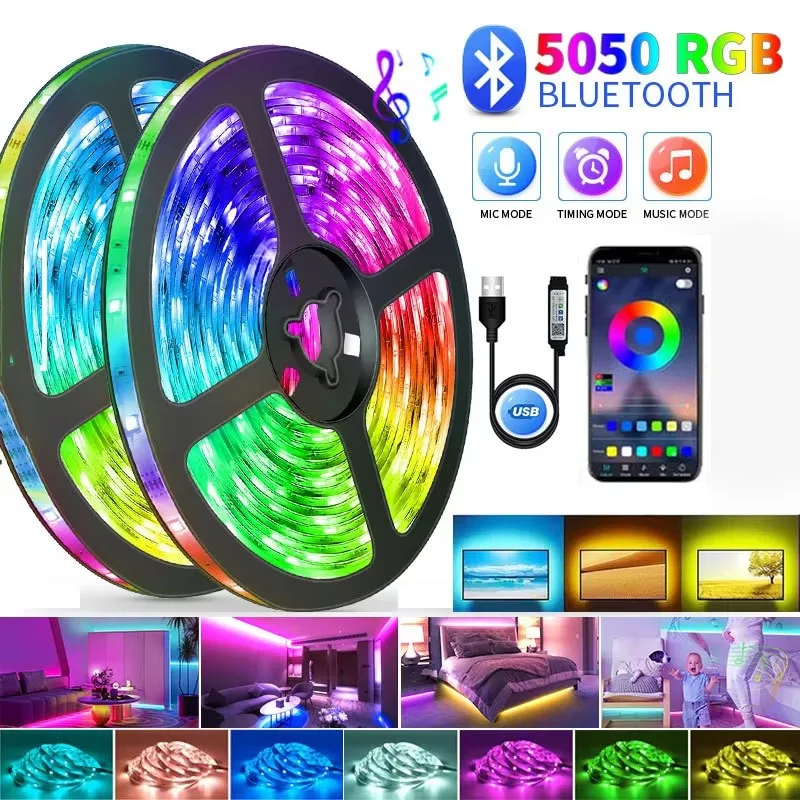 

Smart Bluetooth LED Strip Lights SMD 5050 APP Remote Control Ribbon Diode Flexible Lamp Tape Home Game Room Decor TV Backlight