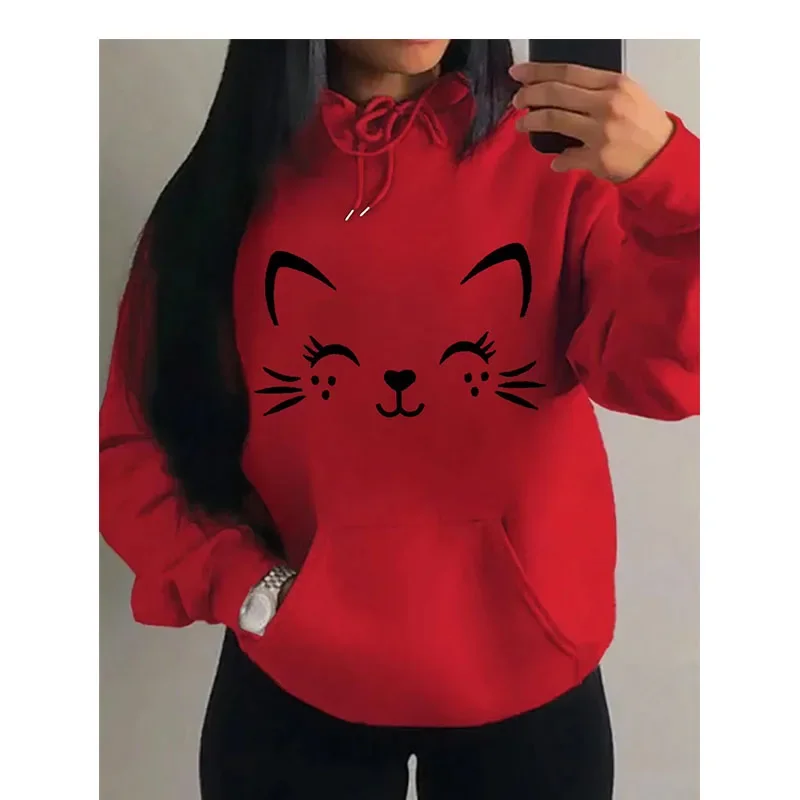 Simple Word Cat Happy Pattern Women Hoodies Fashion Casual Streetwear Personality Hip Hop Hoodie Trendy Fleece Pulloverar
