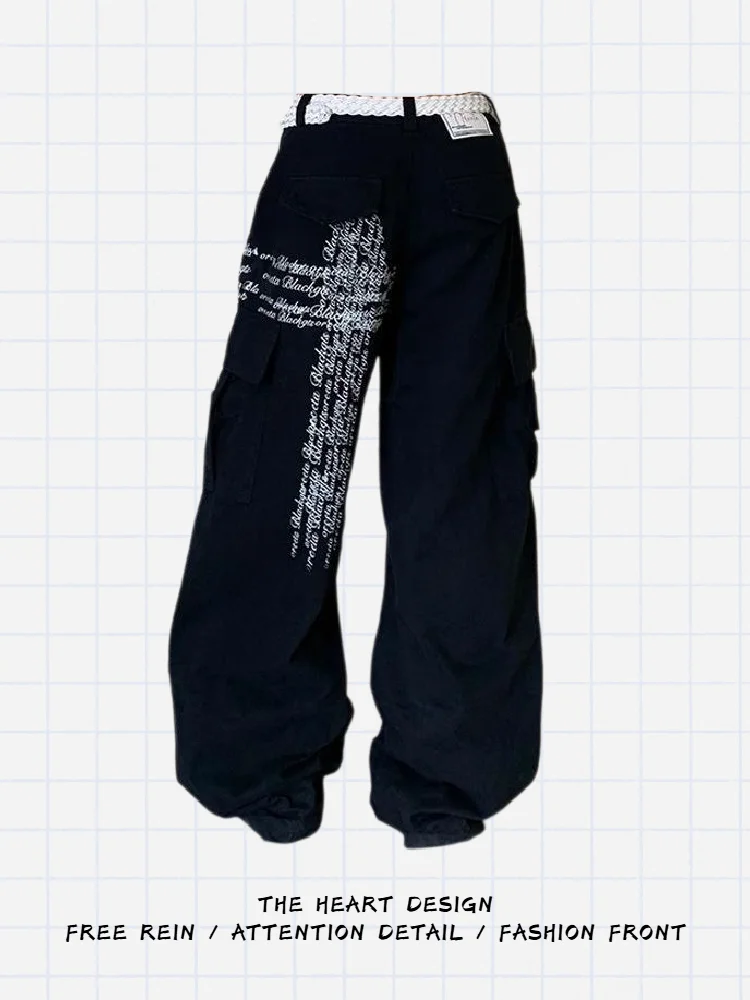 

American Waed Loose Crossbody Jeans High Waist Wide Leg Casual Bla Floor-Length Pants Street Sle Autumn New Arrival