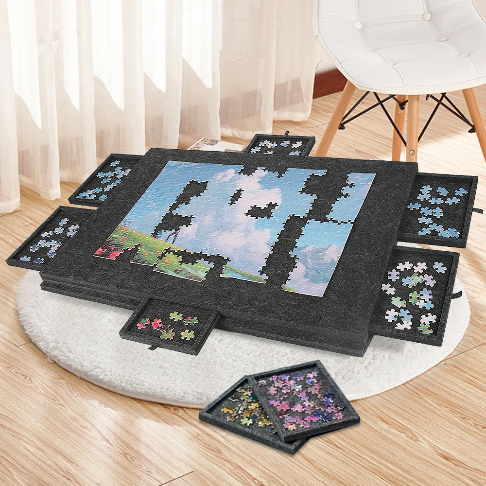 2-IN-1-Kippbares Puzzle-Brett mit 6 Sortierschubladen, superleichte, tragbare Filz-Puzzle-Plattform für 1000-teilige Puzzles, ergonomisches Design, großes Stauraum, leicht zu transportieren