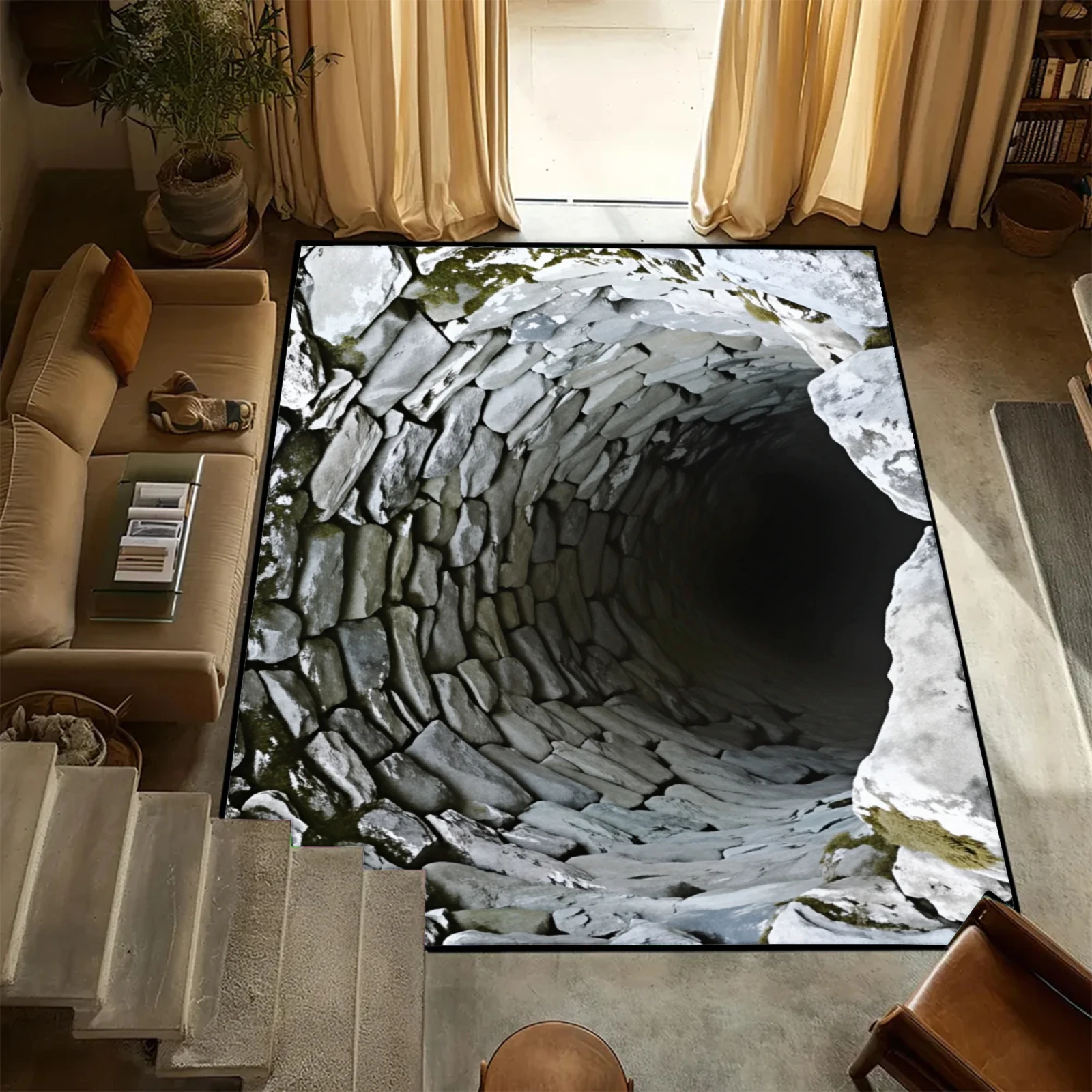 Ins 3D Hole Illusion Carpet Realistic Cave Floor Rug Washable Anti-Slip Unique Optical Illusion Rug for Living Room Popular Rug