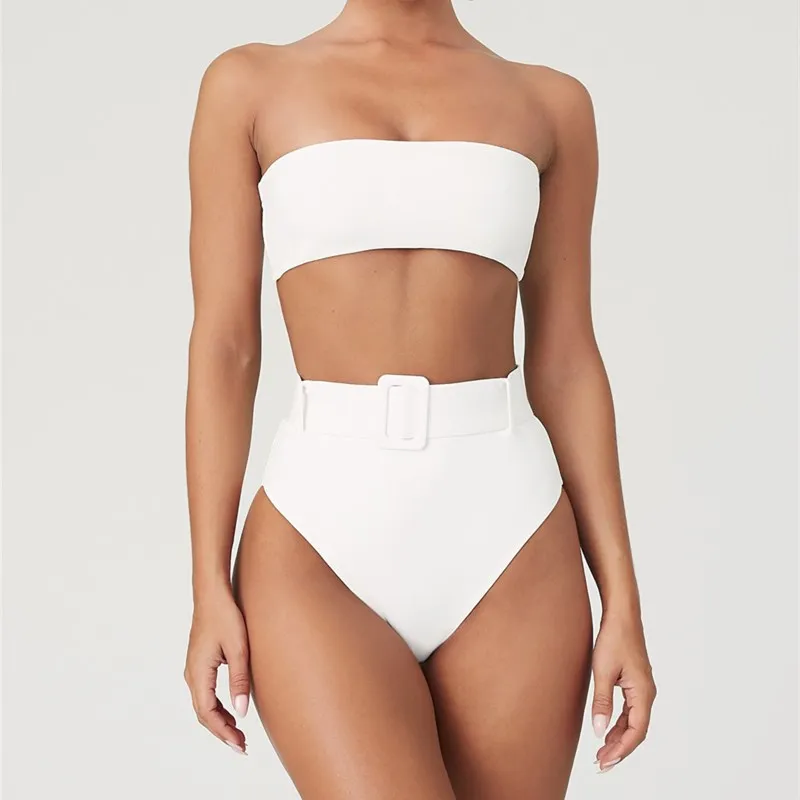 Bikini de cintura alta para mujer, traje de baño de dos piezas, de pierna alta, color negro, 2021