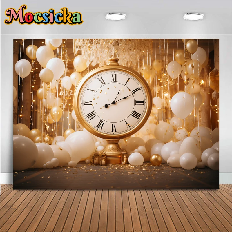 Fondo de fotografía de Feliz Año Nuevo, Fondo de cuenta regresiva de reloj dorado, globo blanco de Palacio, utilería de decoración de estudio fotográfico